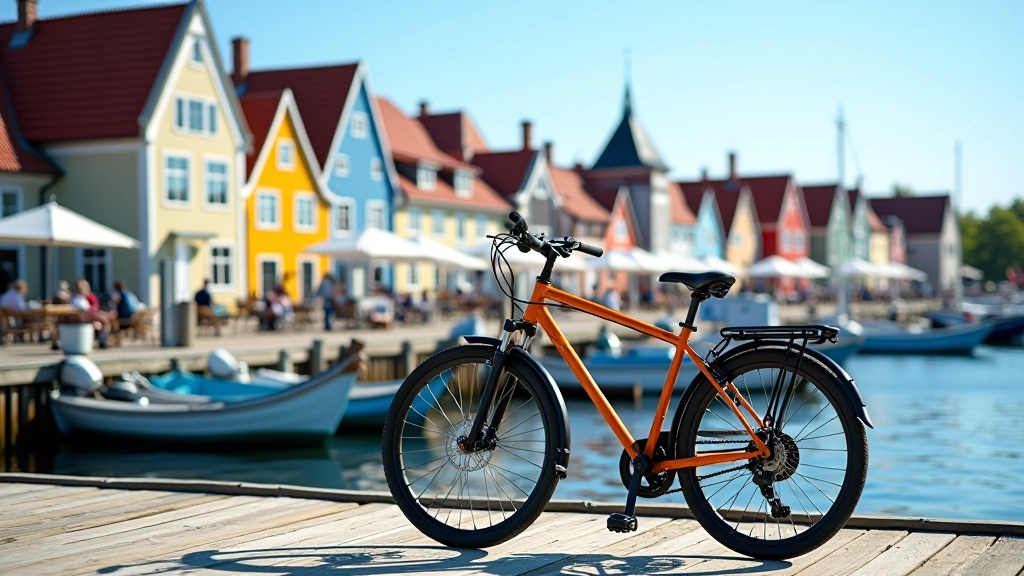 Mazs tradicionāls jūras ciemats ar daudzfāzju mājām un velosteņiem uz laivas doka